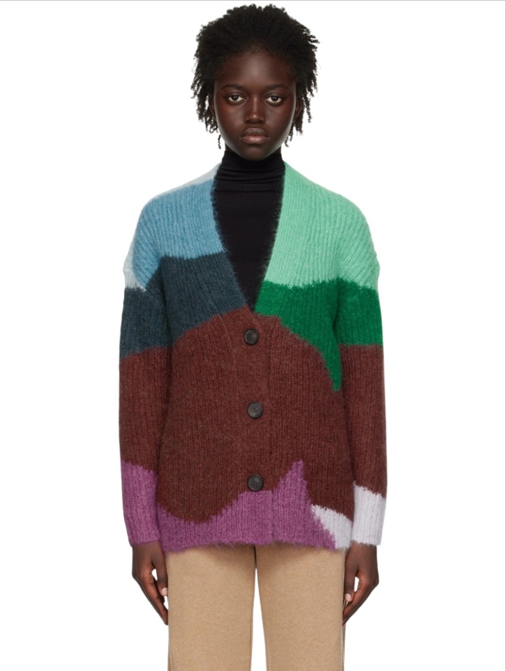 Vince Intarsia Wave Fuzzy Colorblock Multicolor Mohair Alpaca Cardigan Size M/L